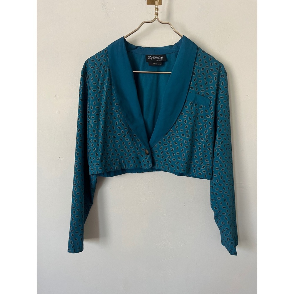 By Choice Dress Womens Teal Blue Geometric Cropped Blazer Vintage 80s Jacket  9